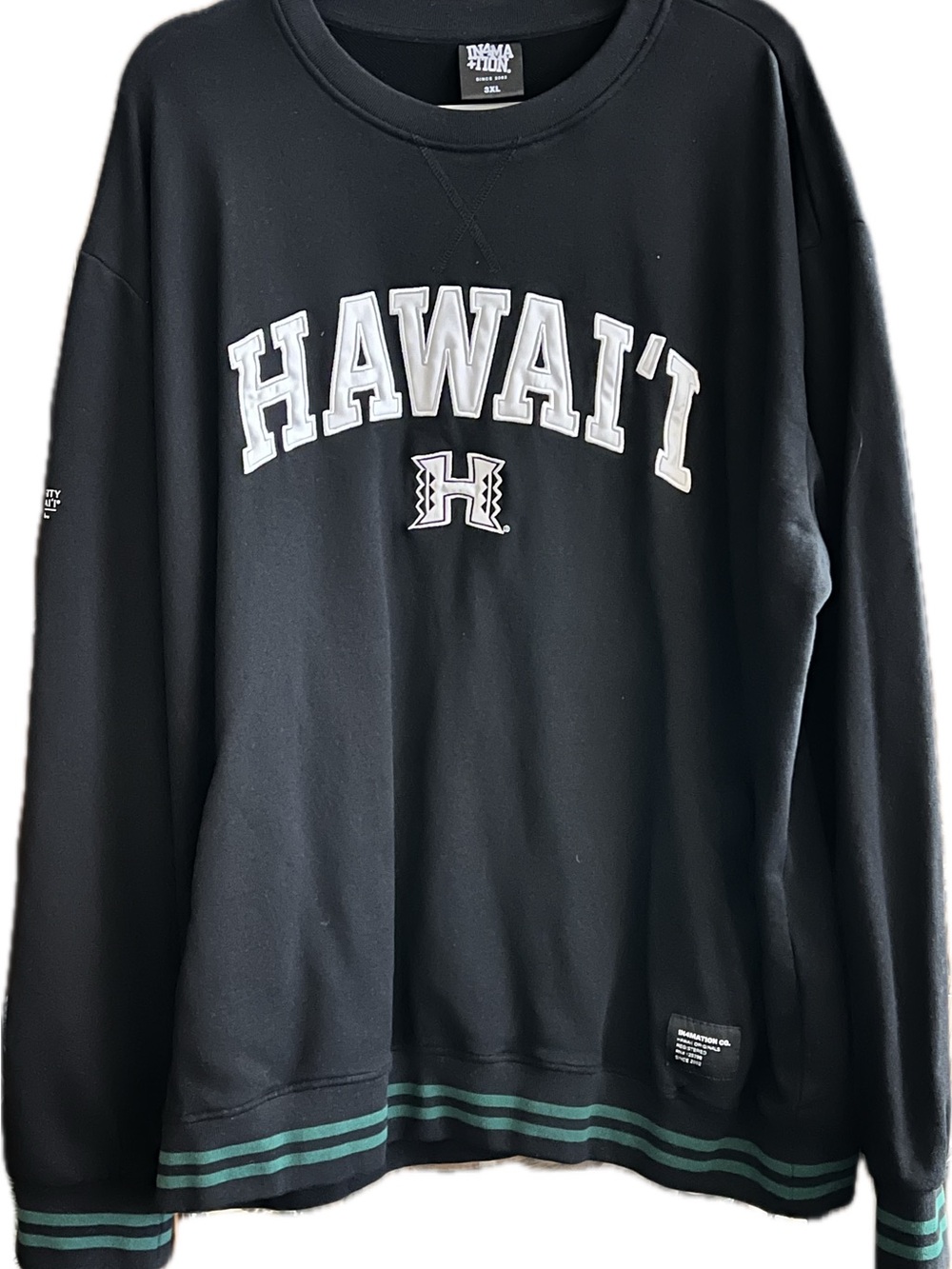 University of Hawaii UH Warriors Logo Black Crewneck Sweater with Green Stripes